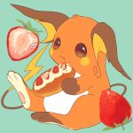  :t blue_background brown_eyes closed_mouth commentary_request eating food food_on_face fruit full_body hideko_(l33l3b) holding holding_food no_humans pokemon pokemon_(creature) raichu simple_background sitting solo strawberry 