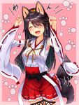  1girl ^_^ ^o^ animal_ears bare_shoulders black_hair closed_eyes collarbone detached_sleeves dog_ears dog_tail hairband haruna_(kantai_collection) highres japanese_clothes kantai_collection long_hair nontraditional_miko open_mouth paw_print pleated_skirt red_skirt ribbon-trimmed_sleeves ribbon_trim sarashi skirt smile solo tail tsukui_kachou wide_sleeves 