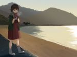  1girl :d aircraft airplane annin_musou brown_eyes brown_gloves brown_hair gloves hair_between_eyes hakama japanese_clothes kantai_collection kasuga_maru_(kantai_collection) ocean open_mouth red_hakama short_hair smile solo 