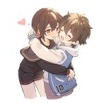  2boys black_shorts blush brown_hair chocomilk_nu colored_inner_hair eiden_(nu_carnival) hug long_sleeves male_child male_focus multicolored_hair multiple_boys nose_blush nu_carnival official_alternate_costume red_eyes redhead short_hair short_shorts shorts simple_background smile white_background yakumo_(nu_carnival) younger 