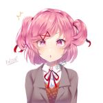  1girl :o artist_name bangs blazer blush breasts character_name collared_shirt commentary commission doki_doki_literature_club greenpantsu grey_jacket hair_ornament hairclip jacket long_sleeves looking_at_viewer natsuki_(doki_doki_literature_club) open_mouth orange_vest pink_eyes pink_hair portrait red_neckwear red_ribbon ribbon school_uniform shirt short_hair simple_background solo two_side_up vest watermark white_background white_shirt 