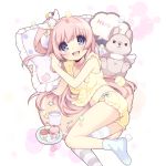  1girl blue_eyes blush breasts candy cleavage cookie cup drink eyebrows_visible_through_hair food hair_ornament long_hair lying macaron marshmallow midriff mismatched_legwear navel official_art on_side one_side_up open_mouth pillow pink_hair single_thighhigh sleepwear solo striped striped_legwear stuffed_animal stuffed_bunny stuffed_toy thigh-highs transparent_background uchi_no_hime-sama_ga_ichiban_kawaii 