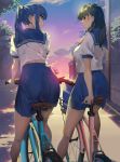  2girls ass backlighting bag bangs bare_legs bicycle bicycle_basket black_hair blue_eyes blue_skirt blunt_bangs breasts closed_mouth clouds evening eyebrows_visible_through_hair feet_out_of_frame from_behind gradient gradient_sky ground_vehicle guratan kneepits leaning_forward long_hair looking_at_viewer looking_back looking_to_the_side medium_breasts multiple_girls original outdoors pantylines parted_lips ponytail red_eyes red_neckwear road see-through shirt short_sleeves sidelocks sitting skirt street sunlight tareme wall white_shirt 