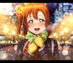  1girl bangs blue_eyes blurry blush bokeh bow breath city_lights coat depth_of_field diffraction_spikes gift gloves hair_between_eyes hair_bow kousaka_honoka letterboxed long_sleeves looking_at_viewer love_live! love_live!_school_idol_project night one_side_up open_mouth orange_hair outdoors smile solo upper_body usamaru67pi yellow_bow 