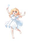  1girl :d arm_up barefoot blonde_hair blue_eyes child dress full_body long_hair open_mouth original pointing puffy_short_sleeves puffy_sleeves shinsekai1205 short_sleeves smile solo standing standing_on_one_leg white_dress 