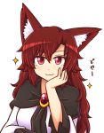 1girl :3 animal_ears brooch brown_hair commentary hair_between_eyes hand_on_own_cheek head_rest imaizumi_kagerou jewelry long_hair long_sleeves looking_at_viewer red_eyes simple_background smile solo touhou upper_body white_background wide_sleeves wolf_ears wool_(miwol) 