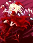  1girl :d absurdres ascot asymmetrical_wings bangs bare_legs barefoot blonde_hair blush crazy_eyes crazy_smile diamond_(shape) dress facing_away fangs flandre_scarlet flat_chest gem hair_between_eyes hair_ribbon highres holding holding_spear holding_weapon koumajou_densetsu laevatein legs_apart long_hair looking_at_viewer official_style oota_jun&#039;ya_(style) open_mouth orange_neckwear polearm purple_background red_dress red_eyes red_ribbon ribbon short_sleeves side_ponytail smile solo spear teeth tongue torn_clothes torn_dress torn_ribbon touhou weapon wings yuki-ichigo 