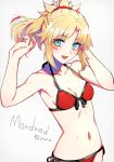  1girl bikini blonde_hair braid eyebrows_visible_through_hair fate/apocrypha fate_(series) green_eyes long_hair mordred_(fate)_(all) mordred_(swimsuit_rider)_(fate) red_bikini simple_background solo swimsuit yuura 