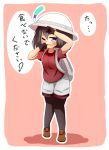  1girl absurdres backpack bag bangs black_gloves black_hair black_legwear blue_eyes blush brown_footwear bucket_hat commentary_request eyebrows_visible_through_hair full_body gloves grey_hat grey_shorts hair_between_eyes hat hat_feather highres idaten93 kaban_(kemono_friends) kemono_friends looking_at_viewer one_eye_closed open_mouth pantyhose pink_background red_shirt shirt shoes short_shorts short_sleeves shorts solo standing tears translation_request two-tone_background white_background 