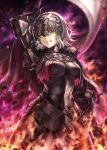  1girl ahoge arm_at_side arm_up armpit_peek bangs banner breasts chains collar corset cowboy_shot cwarmor eyebrows_visible_through_hair fate/grand_order fate_(series) faulds fire flame fur_trim gauntlets glowing glowing_eye grin hair_between_eyes highres holding jeanne_d&#039;arc_(alter)_(fate) jeanne_d&#039;arc_(fate)_(all) looking_at_viewer mashu_003 medium_breasts parted_lips purple_fire short_hair silver_hair smile solo standing teeth torn_clothes underbust 