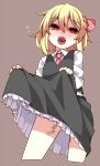  1girl bare_legs black_skirt blonde_hair brown_background cropped_legs fangs hair_ribbon heart lifted_by_self long_sleeves looking_at_viewer miniskirt necking open_mouth red_eyes red_neckwear red_ribbon ribbon rumia shamo_(koumakantv) simple_background skirt skirt_lift skirt_set smile solo tally touhou vest 