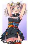  1girl :d armpits arms_up bangs bare_shoulders black_dress blue_eyes blue_ribbon blush breasts cleavage cleavage_cutout cowboy_shot dress eyebrows_visible_through_hair eyelashes eyes_visible_through_hair facing_away hair_lift hair_ornament hairclip highres horizontal_stripes kaguya_luna kaguya_luna_(character) karahai_(31448823) long_hair looking_at_viewer medium_breasts multicolored multicolored_eyes obi open_mouth panties pantyshot pantyshot_(standing) red_legwear ribbon sash shiny shiny_skin short_dress sidelocks silver_hair sleeveless sleeveless_dress smile solo standing striped striped_ribbon tareme teeth thigh-highs thigh_gap tongue turtleneck twintails underwear vertical_stripes violet_eyes white_panties white_ribbon wrist_ribbon wristband x_hair_ornament zettai_ryouiki 