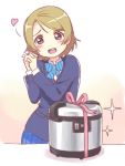  1girl :d blue_bow blue_skirt blush bow brown_eyes brown_hair drawfag hands_together hands_up heart inside koizumi_hanayo love_live! love_live!_school_idol_project open_mouth pink_ribbon ribbon rice_cooker school_uniform skirt smile solo sparkle standing 
