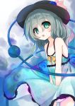  1girl alternate_costume bare_arms bare_shoulders black_hat blue_flower blue_rose cowboy_shot dress eyebrows_visible_through_hair floral_print flower green_dress green_eyes green_hair hat hat_flower hat_ribbon highres komeiji_koishi leaf1031 looking_at_viewer ribbon rose solo sundress third_eye touhou 