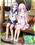  2girls barefoot blue_hair blue_skirt brown_eyes collarbone cup dress drinking_glass drinking_straw feet food footwear_removed fruit hair_ornament hairclip imouto_o_kegashita_kioku kirino_aki kusunoki_asaka long_hair multiple_girls official_art outdoors plate porch red_eyes sandals school_uniform scrunchie serafuku shirt shitou shoes_removed silver_hair sitting skirt smile sundress tatami toes twintails water watermelon white_dress white_shirt 