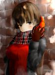  1girl blush breasts brown_eyes brown_hair gloves hands_on_headphones headphones headphones_around_neck highres large_breasts original ribbed_sweater scarf solo standing sweater upper_body waiwararu winter winter_clothes 