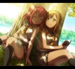  2girls against_tree back-to-back bangs black_legwear book brown_eyes brown_hair closed_eyes dutch_angle grey_skirt holding holding_book kneehighs kunikida_hanamaru kurosawa_ruby letterboxed light_rays looking_at_another love_live! love_live!_sunshine!! magazine multiple_girls on_grass on_ground outdoors pleated_skirt redhead school_uniform serafuku short_twintails sitting skirt sleeping smile tree twintails uranohoshi_school_uniform usamaru67pi 