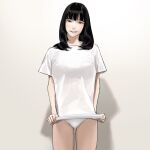  1girl bangs black_hair breasts cowboy_shot gradient gradient_background hiramedousa long_hair looking_at_viewer original panties parted_lips shadow shirt short_sleeves smile solo underwear white_panties white_shirt 