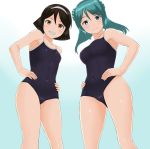  2girls 30-06 black_hair blue_background blue_eyes blue_hair breasts brown_eyes competition_school_swimsuit double_bun hairband hands_on_hips hat kantai_collection looking_at_viewer medium_breasts multiple_girls school_swimsuit short_hair small_breasts smile swimsuit tanikaze_(kantai_collection) two-tone_background urakaze_(kantai_collection) white_background white_hairband white_hat 