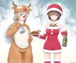  2girls alcohol animal_costume bag bangs bare_shoulders bell blue_eyes boots brown_eyes brown_hair carrying champagne champagne_bottle chicken_(food) christmas closed_mouth commentary cowboy_shot detached_collar dress elbow_gloves eyebrows_visible_through_hair food fur-trimmed_collar girls_und_panzer gloves hand_on_hip hat holding itsumi_erika jingle_bell light_frown long_hair looking_at_viewer multiple_girls nishizumi_maho omachi_(slabco) oversized_object parted_lips plate red_dress red_footwear red_gloves red_hat red_nose reindeer_costume santa_costume santa_hat short_dress short_hair silver_hair snowflake_background strapless strapless_dress thigh-highs thigh_boots 