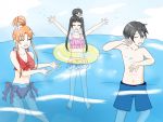  1boy 2girls bikini innertube kirigaya_kazuto partially_submerged pixiv senya* splash splashing swim_trunks sword_art_online water white_background yui_(sao) yuuki_asuna 
