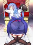 1girl alone ass bedroom bent_over black_hat black_legwear blue_hair blue_skirt blush butt_crack closed_mouth female food foreshortening frilled_skirt frills from_behind fruit hat hat_removed headwear_removed highres hinanawi_tenshi hips kneeling knees_together_feet_apart large_ass leaf long_hair looking_at_viewer looking_back neropaso panties pantylines peach rainbow_order red_eyes see-through shirt skirt solo striped striped_panties thigh-highs thighs throne touhou underwear white_shirt 