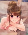  1girl ahoge arm_support bangs bathing blunt_bangs blurry blush brown_hair closed_mouth collarbone depth_of_field eyebrows_visible_through_hair fence hair_bun highres idolmaster idolmaster_million_live! kamille_(vcx68) long_hair looking_at_viewer nail_polish night night_sky nude onsen partially_submerged pink_eyes pink_nails sky smile solo steam tareme upper_body water water_drop wet wood wooden_fence yokoyama_nao 