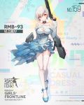  1girl armor bare_shoulders breasts character_name choker cleavage cleavage_cutout full_body garter_straps girls_frontline gun looking_at_viewer medium_breasts official_art pump_action rmb-93 rmb-93_(girls_frontline) shogun shotgun silver_hair skirt smile solo standing thigh-highs trigger_discipline weapon white_legwear yellow_eyes 