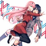  1boy 1girl :p black_hair blue_eyes boots darling_in_the_franxx dress hiro_(darling_in_the_franxx) horns long_hair looking_at_viewer nekogohan open_mouth pantyhose pink_hair shorts simple_background smile standing standing_on_one_leg tongue tongue_out uniform v white_background zero_two_(darling_in_the_franxx) 