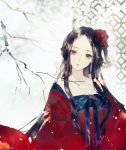  1girl bangs black_eyes black_hair closed_mouth commentary_request flower hair_flower hair_ornament head_tilt japanese_clothes kimono long_hair long_sleeves looking_at_viewer original pale_skin parted_bangs red_flower red_kimono say_hana solo upper_body wide_sleeves 