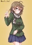  1girl anti_(untea9) bandaid bandaid_on_face blue_skirt brown_background brown_eyes brown_hair gradient gradient_background green_coat grey_scarf highres kantai_collection oboro_(kantai_collection) plaid plaid_scarf pleated_skirt scarf short_hair skirt solo twitter_username v 