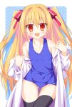  1girl :d ass_visible_through_thighs bare_shoulders black_legwear blonde_hair blue_background blue_swimsuit blush collarbone commentary_request cowboy_shot hair_ribbon head_tilt highres irotoridori_no_sekai labcoat long_hair looking_at_viewer nikaidou_shinku off_shoulder open_mouth orange_eyes polka_dot polka_dot_background red_ribbon ribbon school_swimsuit smile solo swimsuit swimsuit_under_clothes taira_takehiro thigh-highs two-tone_background two_side_up upper_teeth very_long_hair white_background 