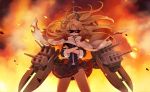  1girl azur_lane bangs blonde_hair burnt_clothes cape cleveland_(azur_lane) cowboy_shot crossed_arms debris dollar_sign explosion fingerless_gloves gloves gunbuster_pose long_hair long_sleeves looking_at_viewer one_side_up open_mouth panties pantyshot pantyshot_(standing) pleated_skirt rigging side-tie_panties skirt smile smirk solo split_bangs standing sunglasses symbol-shaped_pupils turret underwear white_panties yellow_eyes yuko_(uc_yuk) 