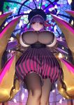  1girl absurdres belt_collar bow breasts daye_bie_qia_lian fate/extra fate/extra_ccc fate/grand_order fate_(series) from_below hair_ribbon highres huge_breasts long_hair looking_at_viewer looking_down parted_lips passion_lip purple_hair red_eyes ribbon sideboob solo very_long_hair 