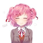  1girl artist_name bangs blazer blush breasts character_name closed_eyes collared_shirt commission doki_doki_literature_club facing_viewer fang greenpantsu grey_jacket hair_ornament hairclip heart jacket long_sleeves natsuki_(doki_doki_literature_club) open_mouth orange_vest pink_hair portrait red_neckwear red_ribbon ribbon school_uniform shirt short_hair simple_background smile solo two_side_up vest watermark white_background white_shirt 
