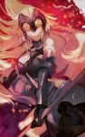  1girl banner bare_shoulders blonde_hair breasts chains cleavage commentary_request elbow_gloves fate/apocrypha fate/grand_order fate_(series) flag floating_hair fur_trim gauntlets gloves greaves headpiece holding holding_weapon jeanne_d&#039;arc_(fate) jeanne_d&#039;arc_(fate)_(all) large_breasts long_hair navel orange_eyes parted_lips slit_pupils smile smirk solo standing thigh-highs weapon yaku_(ziroken) 