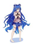  1girl barefoot black_cat blue_bow blue_hair bow cat cato_(monocatienus) debt hair_bow jewelry long_hair skirt solo touhou very_long_hair yorigami_shion 