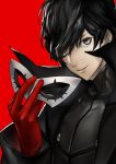  1boy amamiya_ren black_hair card highres legacy_zechs male_focus mask persona persona_5 short_hair simple_background smile solo 