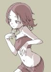  1girl absurdres bare_shoulders boyshorts closed_mouth commentary_request contrapposto cowboy_shot fingernails grey_background hand_up highres jewelry monochrome navel original ring short_hair simple_background smile solo standing strapless tubetop yamamoto_souichirou 