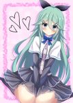 1girl alternate_costume bangs between_legs blue_ribbon blush capelet commentary_request dress eyebrows_visible_through_hair frilled_dress frills green_eyes green_hair hair_between_eyes hair_flaps hair_ornament hairclip hand_between_legs heart kakeyu kantai_collection long_hair looking_at_viewer parted_bangs ponytail ribbon simple_background sitting solo wariza yamakaze_(kantai_collection) 
