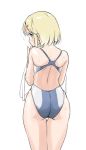  1girl ass blonde_hair blue_eyes competition_swimsuit cowboy_shot from_behind hair_ornament hairclip looking_at_viewer looking_back one-piece_swimsuit original short_hair simple_background solo standing swimsuit tamu_(mad_works) thigh_gap two-tone_swimsuit white_background 