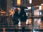  2girls bag blurry blurry_background city crosswalk depth_of_field from_behind holding holding_umbrella multiple_girls night original rain reflection road scenery shared_umbrella skirt snatti standing street umbrella wet 