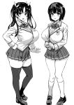  2girls :o asanagi bangs blush bow bowtie breasts collared_shirt commentary_request copyright_request eyebrows_visible_through_hair greyscale hand_on_hip highres huge_breasts jacket knees_together_feet_apart long_hair long_sleeves looking_at_viewer miniskirt mole mole_under_eye monochrome multiple_girls open_mouth parted_lips pigeon-toed pleated_skirt school_uniform shirt shoes short_hair simple_background skindentation skirt socks standing tareme thigh-highs tsurime twintails white_background wing_collar zettai_ryouiki 