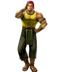  1boy armband bare_arms beard belt brown_eyes collarbone dorcas_(fire_emblem) expressionless eyebrows facial_hair fire_emblem fire_emblem:_rekka_no_ken fire_emblem_heroes green_pants hand_behind_head hand_on_hip highres ippei_soeda lips loincloth male_focus muscle nose official_art pants realistic redhead sandals shirt short_hair solo tank_top toenails toes wristband yellow_shirt 
