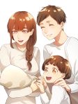  1boy 2girls baby braid brown_eyes brown_hair child earrings eitarou&#039;s_mother eitarou_(osomatsu-san) jewelry juushimatsu&#039;s_girlfriend kaiko_suzume long_sleeves looking_down mother_and_child mother_and_son multiple_girls osomatsu-san short_eyebrows short_hair smile very_short_hair 