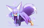  1girl absurdres all_fours animal_ears bangs barefoot blue_eyes blue_hoodie blue_skirt commentary_request eyebrows_visible_through_hair fox_ears fox_girl fox_tail grey_background hair_between_eyes hair_ornament highres hood hoodie idaten93 long_sleeves looking_at_viewer magic original parted_lips pleated_skirt purple_hair sidelocks skirt solo tail till_(idaten93) v-shaped_eyebrows x_hair_ornament 