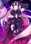 1girl arm_warmers armor breasts chains eyebrows_visible_through_hair fate/grand_order fate_(series) forehead_protector gauntlets glint glowing glowing_weapon hand_up headpiece holding holding_sword holding_weapon jeanne_d&#039;arc_(alter)_(fate) jeanne_d&#039;arc_(fate)_(all) large_breasts light_particles long_hair looking_down navel parted_lips purple_armor romuni smile solo standing sword weapon white_hair yellow_eyes 