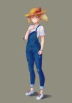  1girl arm_at_side bead_bracelet beads blue_eyes bow bracelet denim full_body grey_background hand_up hat hat_bow highres jewelry looking_at_viewer original overalls shoes short_twintails sirocco sneakers solo standing straw_hat twintails white_footwear 