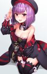  1girl automaton_(object) bangs bare_shoulders belt black_legwear breasts colonel_olcott_(fate/grand_order) detached_collar doll dress fate/grand_order fate_(series) hat helena_blavatsky_(fate/grand_order) highres jacket kaerunoko looking_at_viewer open_mouth purple_hair salute short_hair small_breasts smile solo strapless strapless_dress tree_of_life violet_eyes 