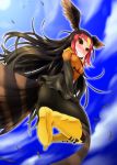  1girl blonde_hair blush boots brown_hair feathered_wings guadalupe_caracara_(kemono_friends) kemono_friends long_hair multicolored_hair pantyhose redhead sky solo watame_(amarygent) wings yellow_eyes 